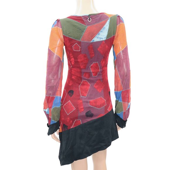 RARE Save The Queen Multicolor Vibrant Abstract Mesh Long Sleeve Dress M/L - Picture 5 of 5
